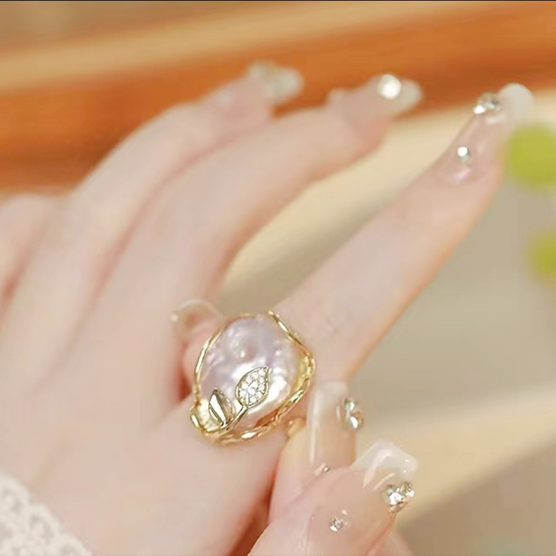 baroque Pearl Ring Temperament Light Luxury Square Open Ring Sterling Silver Ring for Women