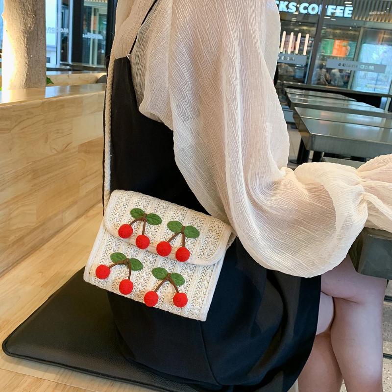 Totes Summer Straw Handmade Messenger Bags Women Woven Cute Cherry Shoulder Handbag Flap Beach Mini Square Crossbody zhanyishengli
