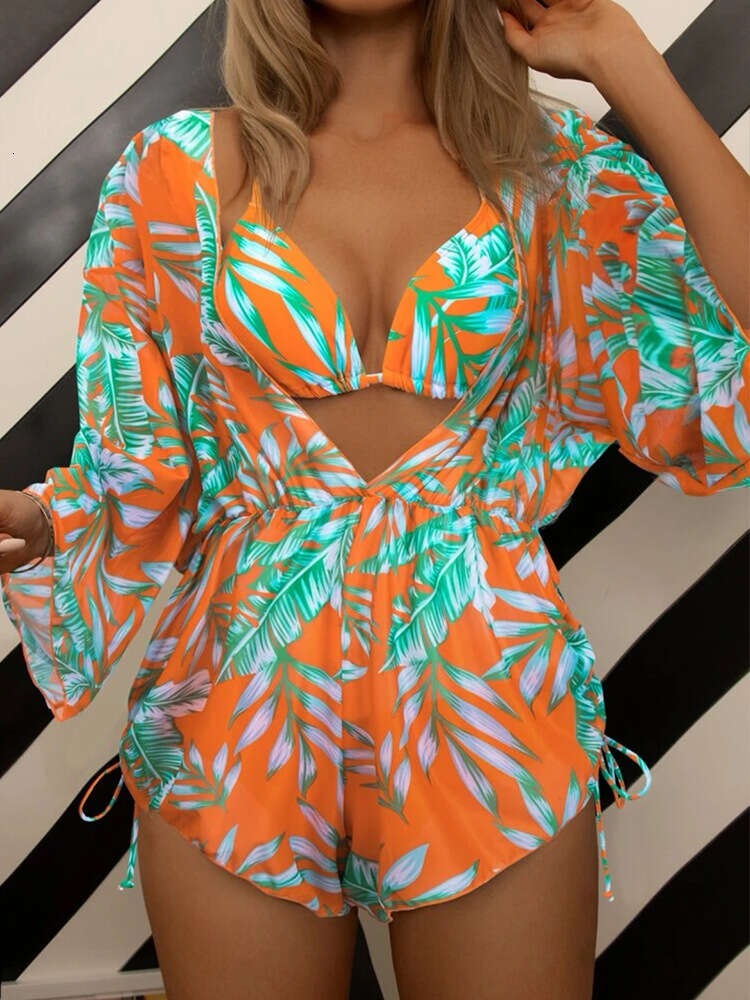 ddmytiger New Fashion Leaf Print Three piece Set Long sleeved Sunscreen Bikini Women s Swimsuit H