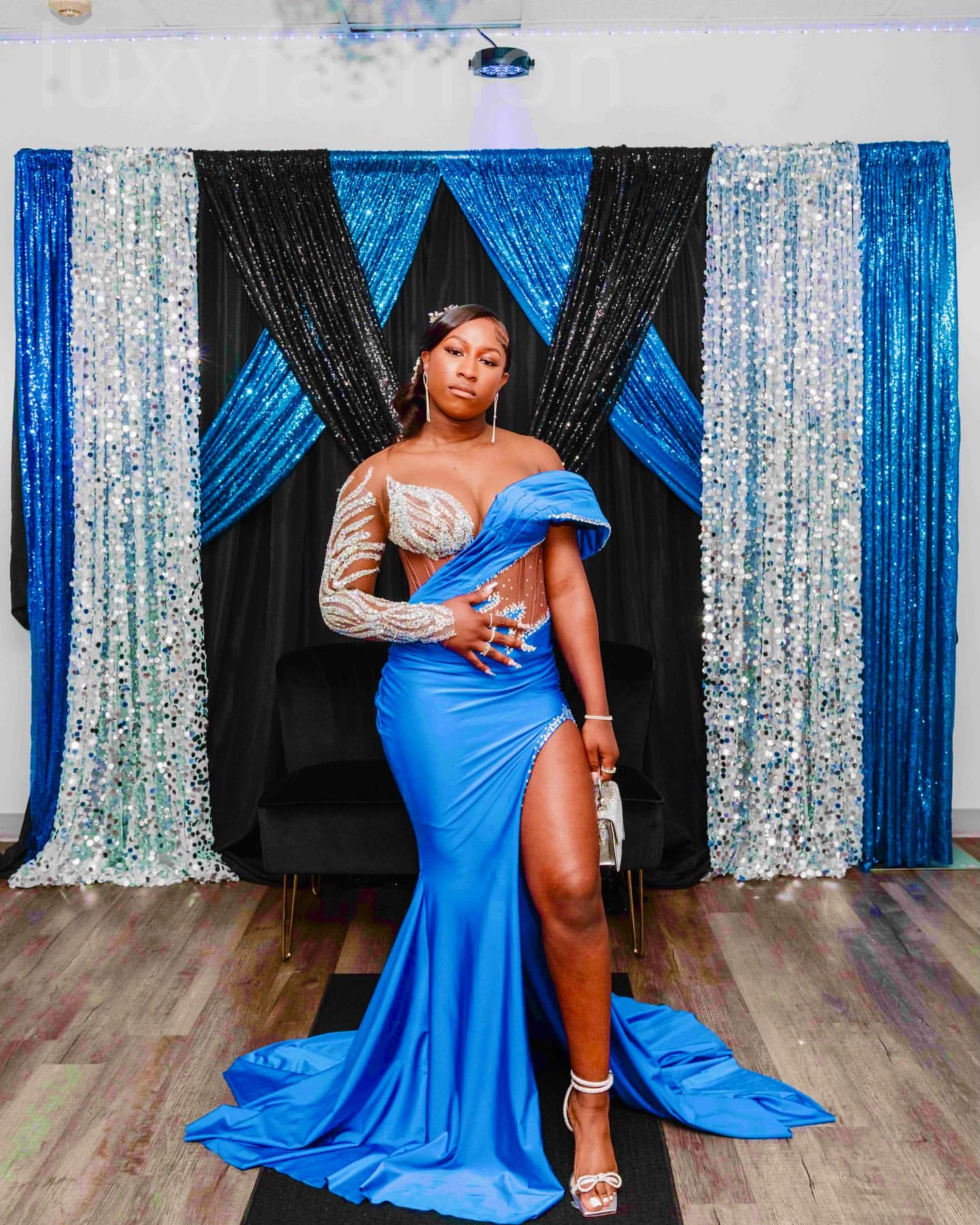 Aso Ebi 2024 Blue Mermaid Prom Dresses Crystals Beaded Satin Evening Party Formal Second Reception Birthday Enagement PromDress Gowns LF053