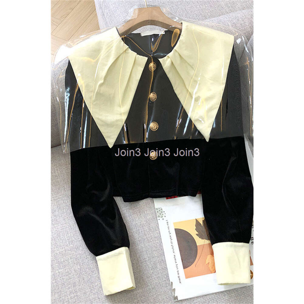 Womens French style color block blouse turn down collar velvet fabric single breasted shirt short tops MLXLXXL