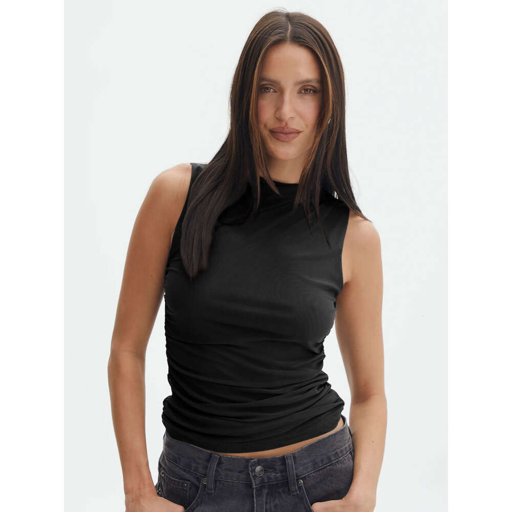 Mesh patchwork women's Y2K sexy slim fit spicy girl inner layer tank top, round neck bottom shirt F51422