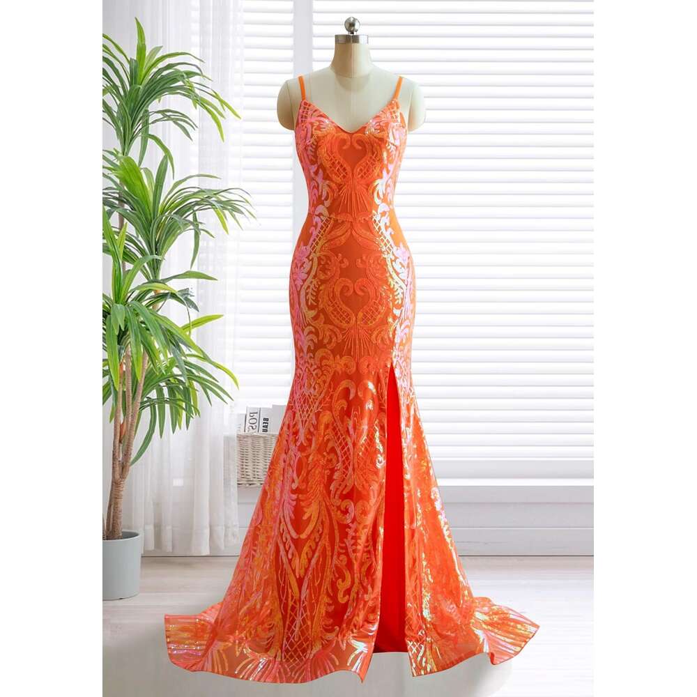 V Neck Sequin Prom Mermaid Evening Dresses for Women Spaghetti Straps Formal Gown with Slit prom AMZ