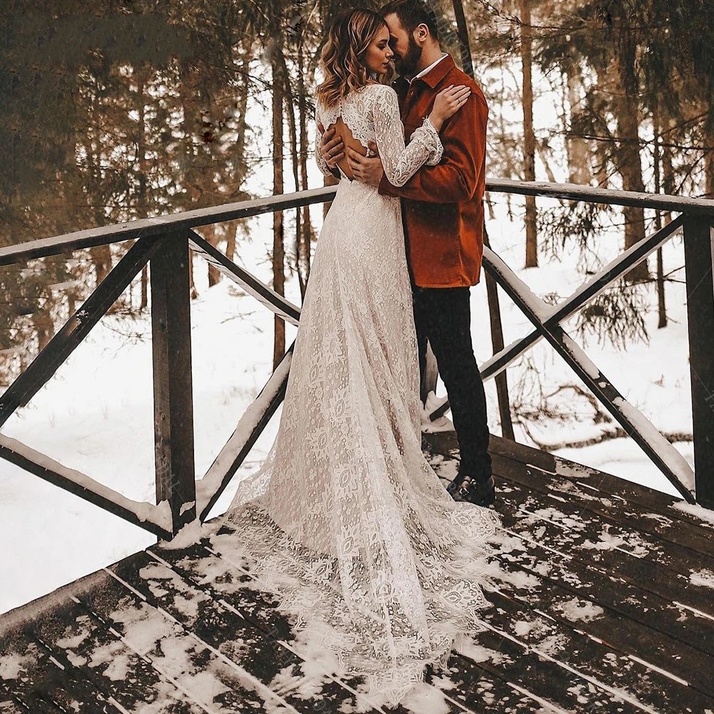 Sexy Lace V Neck Beach Mermaid Wedding Dresses 2025 V Neck Long Sleeves Open Back Summer Boho Bridal Dress Vestidos De Noiva Customed