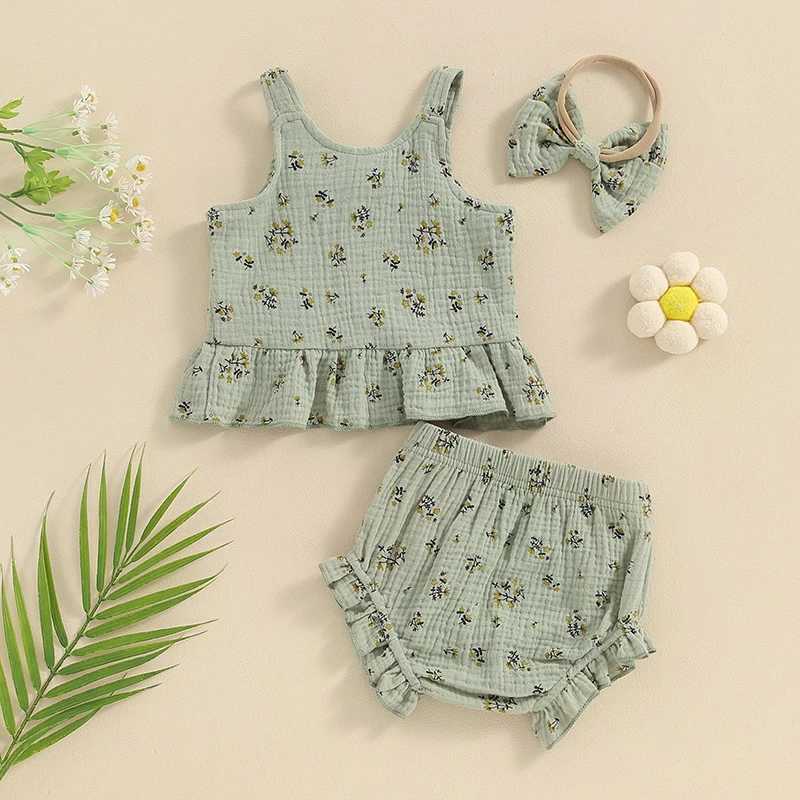 Clothing Sets 0-24months Baby Girl Summer Clothes Set Floral Print Tank Tops Frill Trim Shorts + Headband Toddler Girls 3Piece Outfits