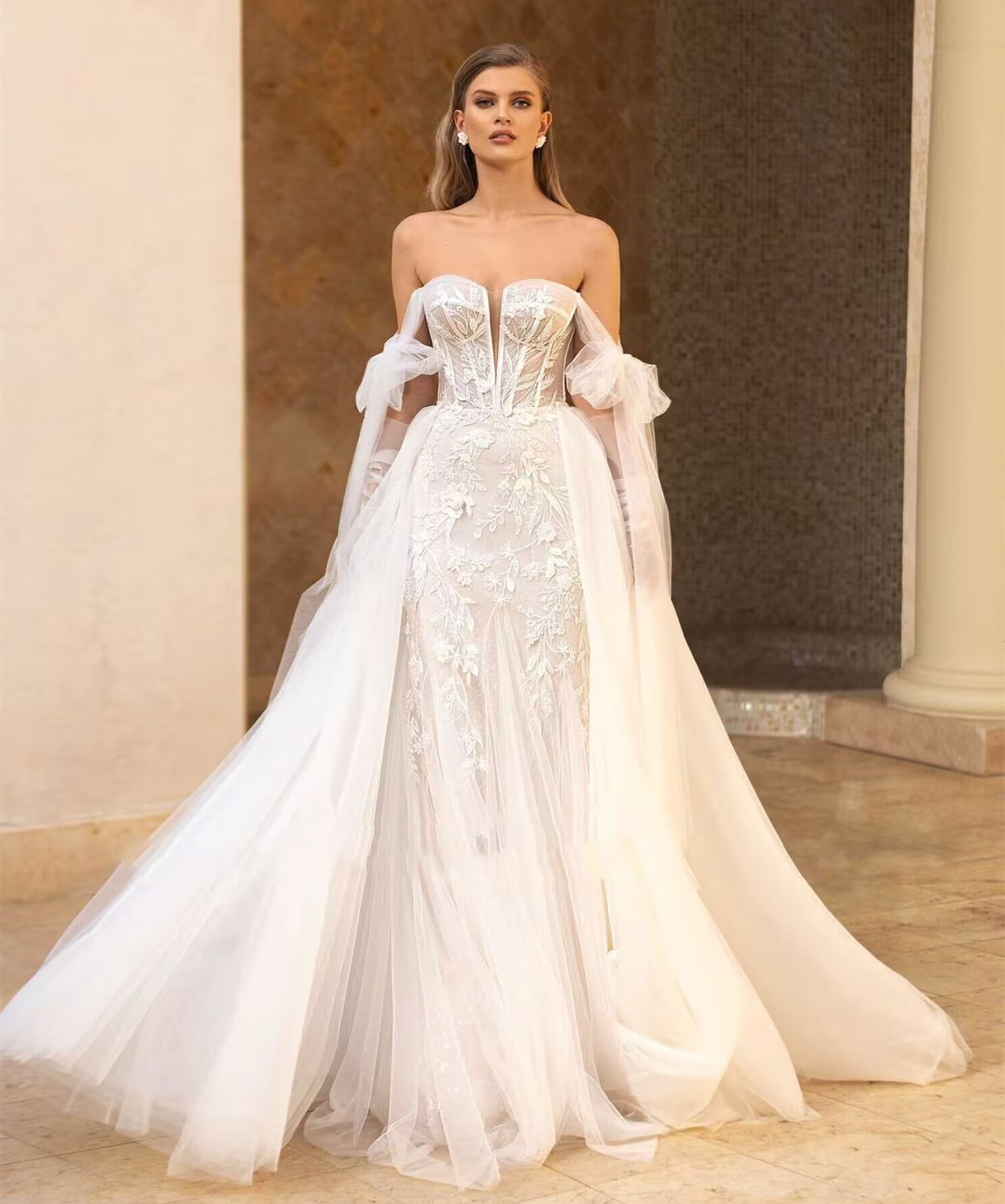 3D Floral Lace Appliques Mermaid Wedding Dresses With Detachable Train 2024 Straps Off Shoulder Long Tulle Sexy Backless Boho Beach Bridal Gowns Ivory