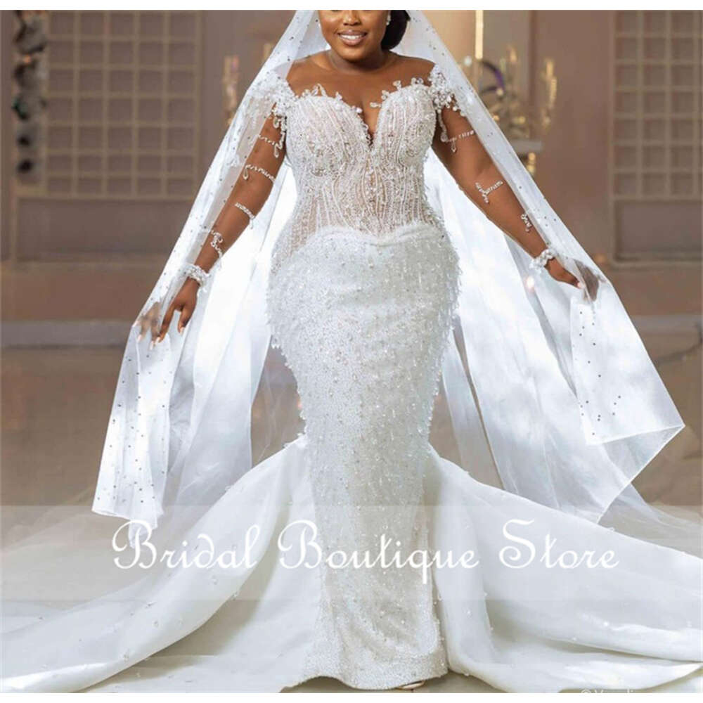 Plus Urious Size Sparkly Bridal Gowns With Veil Beads Appliques Sheer Sleeves Pearls Crystals Wedding Dress Vestido De Novia 6660311