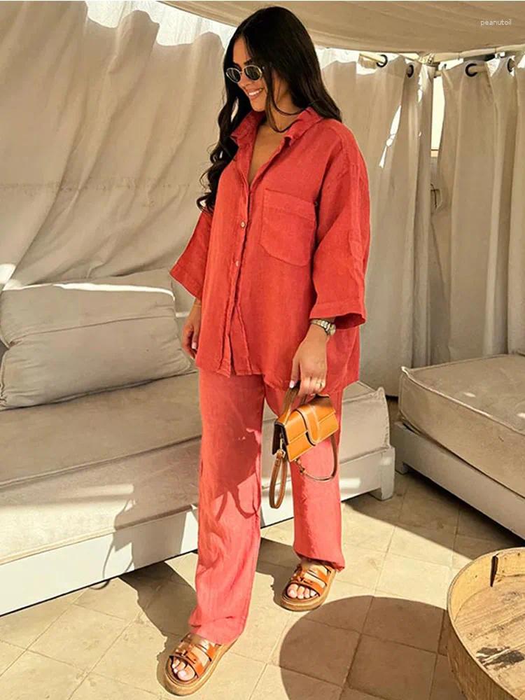 Womens Two Piece Pants Women Casual Solid Set Loose Lapel Long Sleeve Single-breasted Shirt Suit Lady High Waist Straight Leg Street Outfit