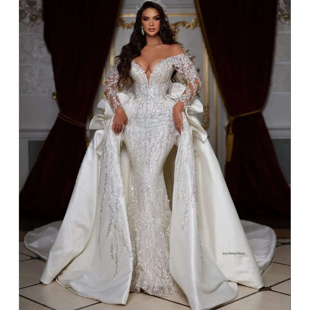 Exquisite Sequined Mermaid Wedding Dresses Deep V Neck Bridal Gowns Custom Made Shiny Full Sleeve Dress Vestido De Novia 0514