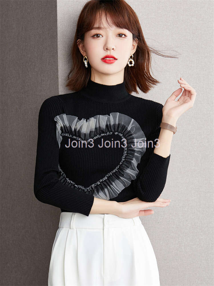 Womens stand collar gauze love heart pattern knitted black color sweater top SMLXL