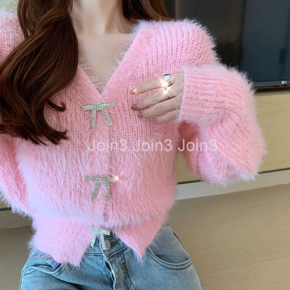 Autumn new womens v-neck rhinestone bow buttons patchwork mohair wool knitted long sleeve short sweater cardigan coat plus size SML