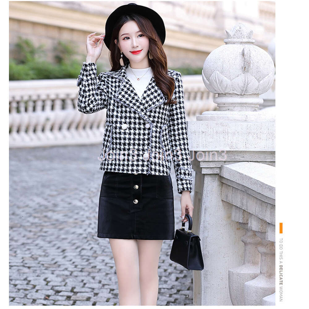 Autumn new retro womens houndstooth plaid grid pattern woolen short thickening coat casacos plus size MLXLXXL3XL