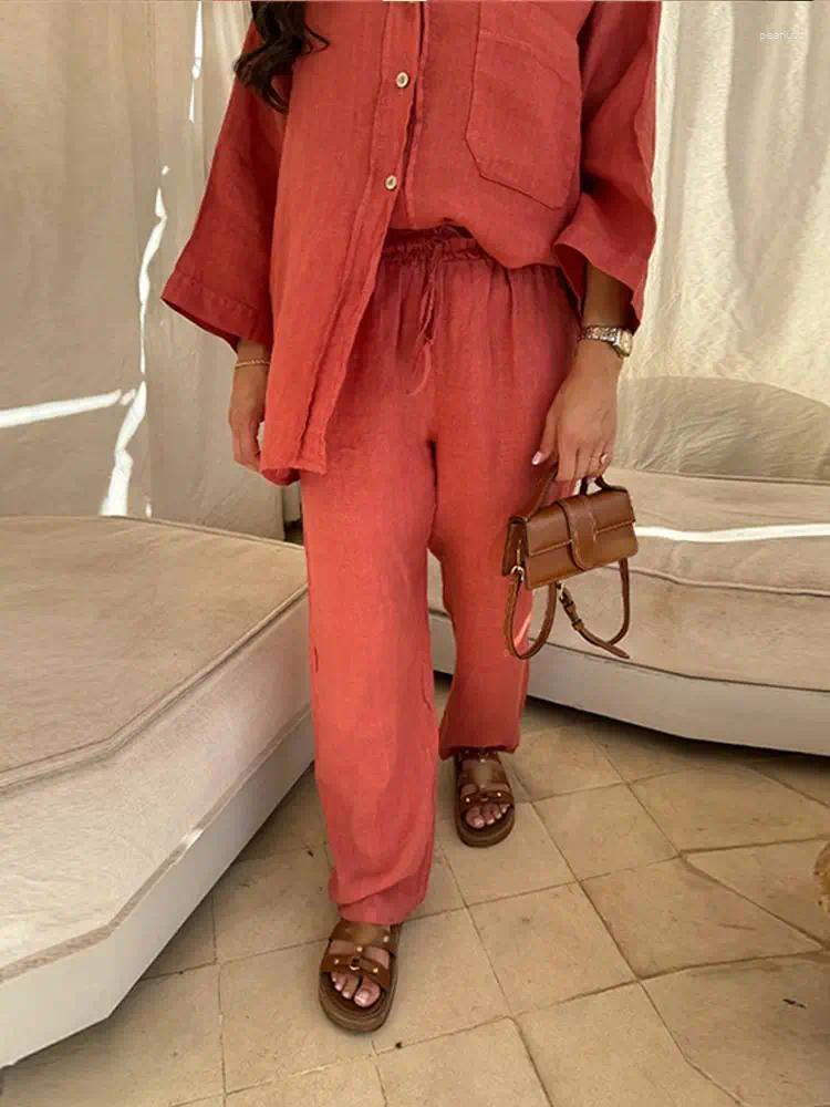 Womens Two Piece Pants Women Casual Solid Set Loose Lapel Long Sleeve Single-breasted Shirt Suit Lady High Waist Straight Leg Street Outfit