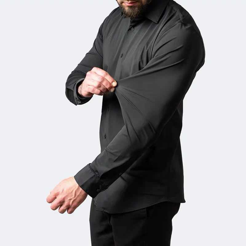 Men's Dress Shirts High elastic mens white shirt solid color business slim fitting non ironing professional work clothes long slved shirt Y240514