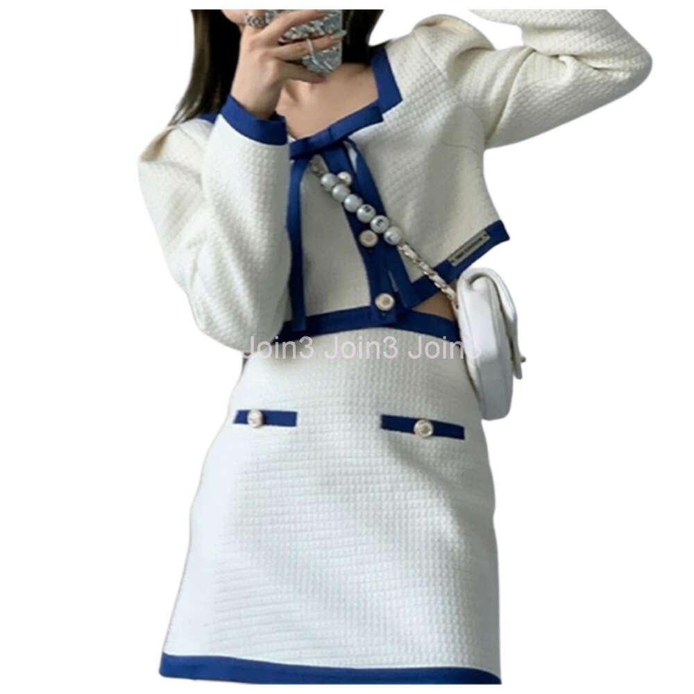Womens square collar color block bow patched long sleeve high waist tweed woolen coat and skirt twinset 2 pc dress suit SML