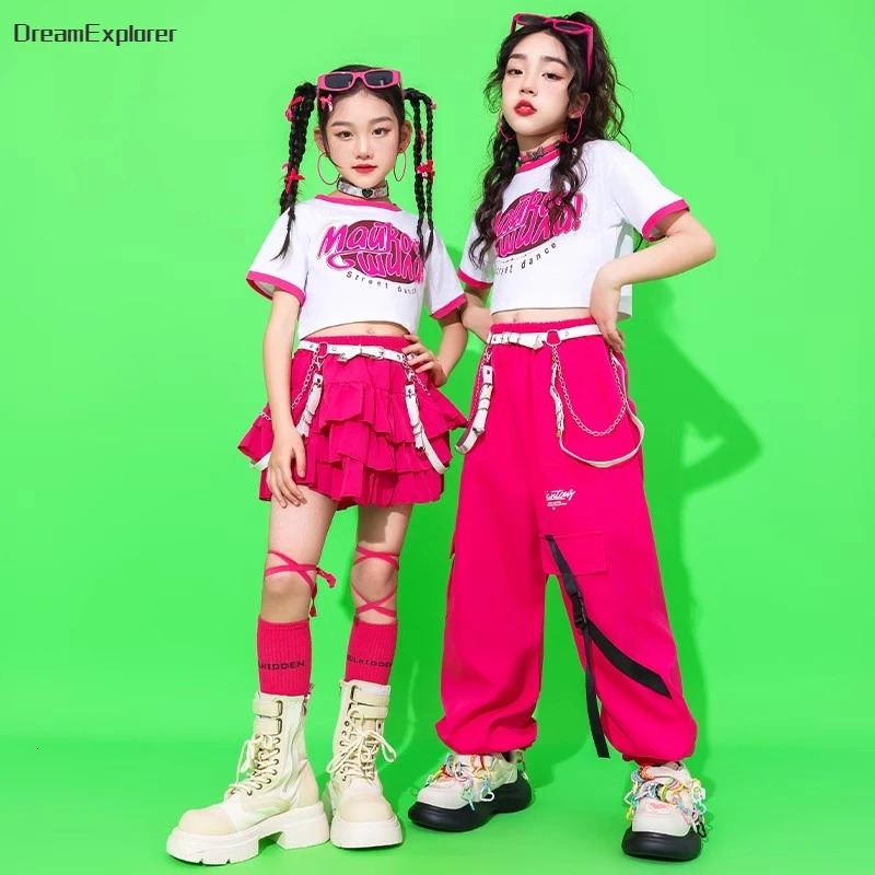 Girls Hip Hop Crop Top Cargo Pants Child Summer Tshirt Tiered Skirt Kids Streetwear Jazz Sweet Street Dance Costume Clothes Set 240510
