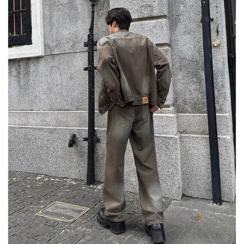 Autumn Twopiece Set Man Retro Wash High Street Tassels Varsity Denim JacketsStraight Wide Leg Jeans Sets Male Harajuku Suit 240428