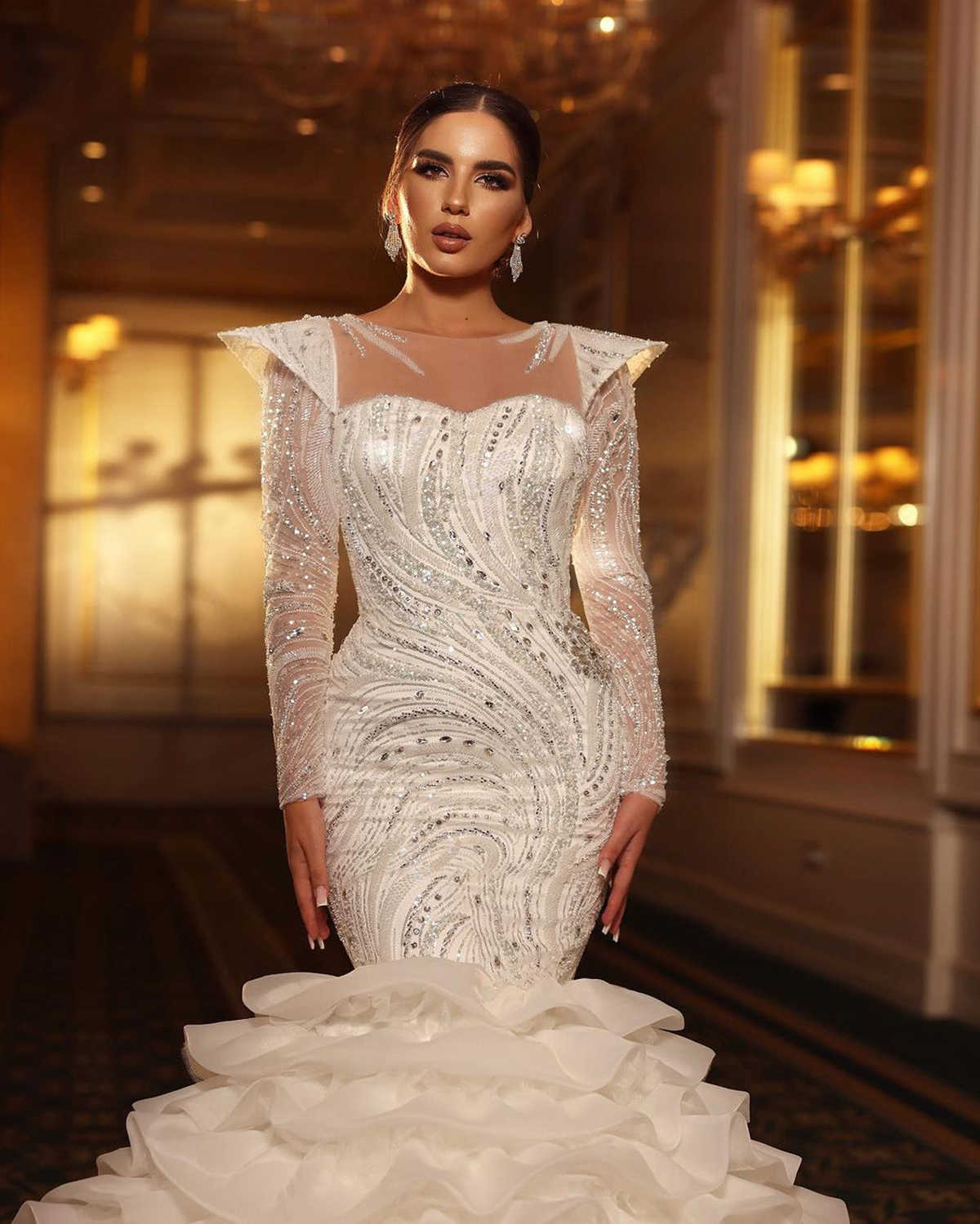 Glamorous Crystal Wedding Dresses Sequins Bridal Gowns Detachable Ruffle Tiered Train Custom Made Bride Dress Vestidos De Novia