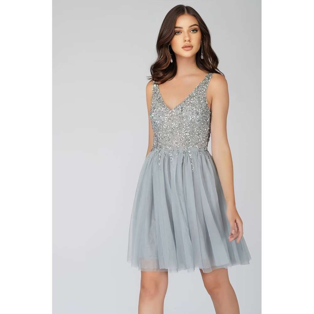 V Neck Sequin Homecoming Tulle Short Prom for Teens Sparkly A Line tail Mini Dresses prom AMZ