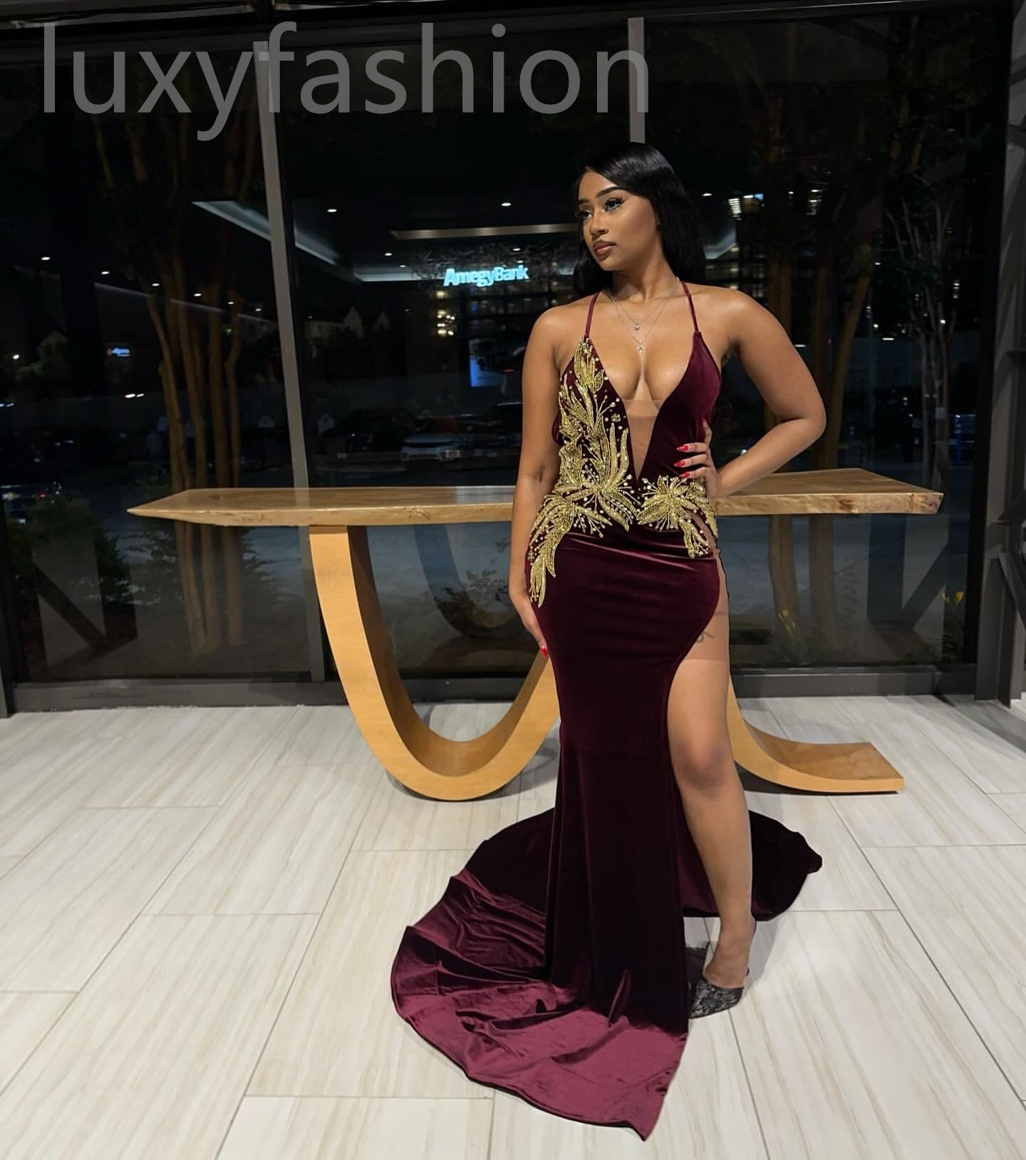 Aso Ebi 2024 Burgundy Lace Mermaid Prom Dresses Beaded Backless Velvet Evening Party Formal Second Reception Birthday Enagement PromDress Gowns LF046