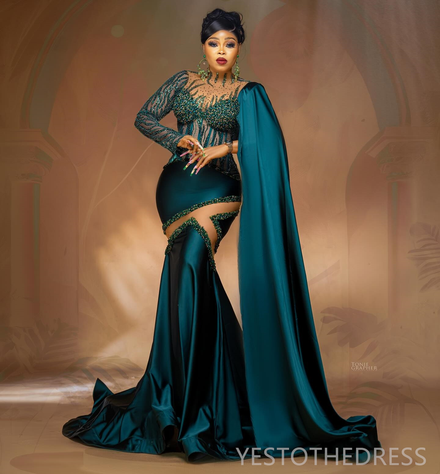 R&W Plus Size Hunter Green Prom for Special Ocns Evening Dresses Elegant Illusion Long Sleeves Beaded Lace Pearls Birthday Dress Engagement Gowns AM89