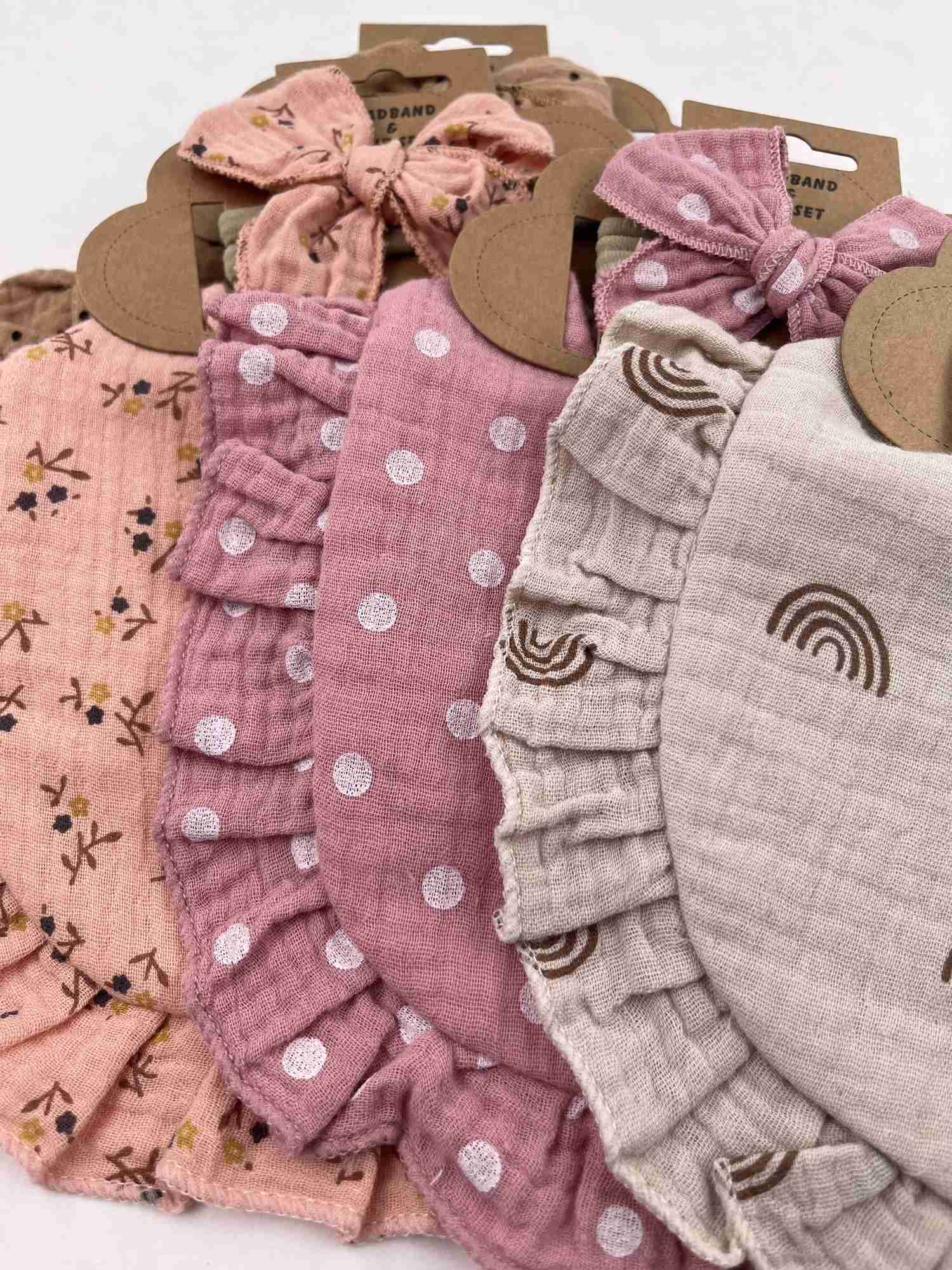 Bibs Burp Cloths 2Pcs/Set Ruffled Edge Muslin Cotton Baby Bibs Hair Bows Girls Headbands Flower Print Saliva Towel Feeding Burp Cloths ScarfL4812