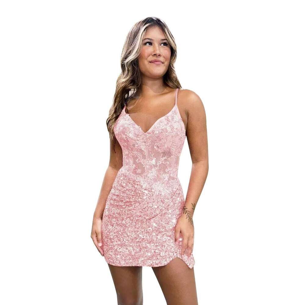 Sequin Appliques Short Prom 2024 Spaghetti Straps Homecoming Wrap Women's tail Dress prom AMZ