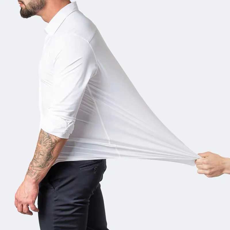 Men's Dress Shirts High elastic mens white shirt solid color business slim fitting non ironing professional work clothes long slved shirt Y240514