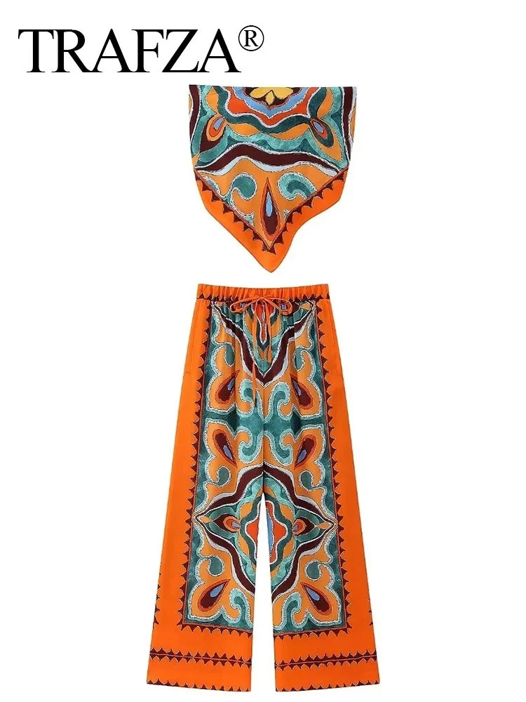 TRAFZA Women Pants Set Vintage Print Back Bow Tie Strapless Bustier Tops Drawstring Trousers Female Chic Streetwear Pant Suits 240514