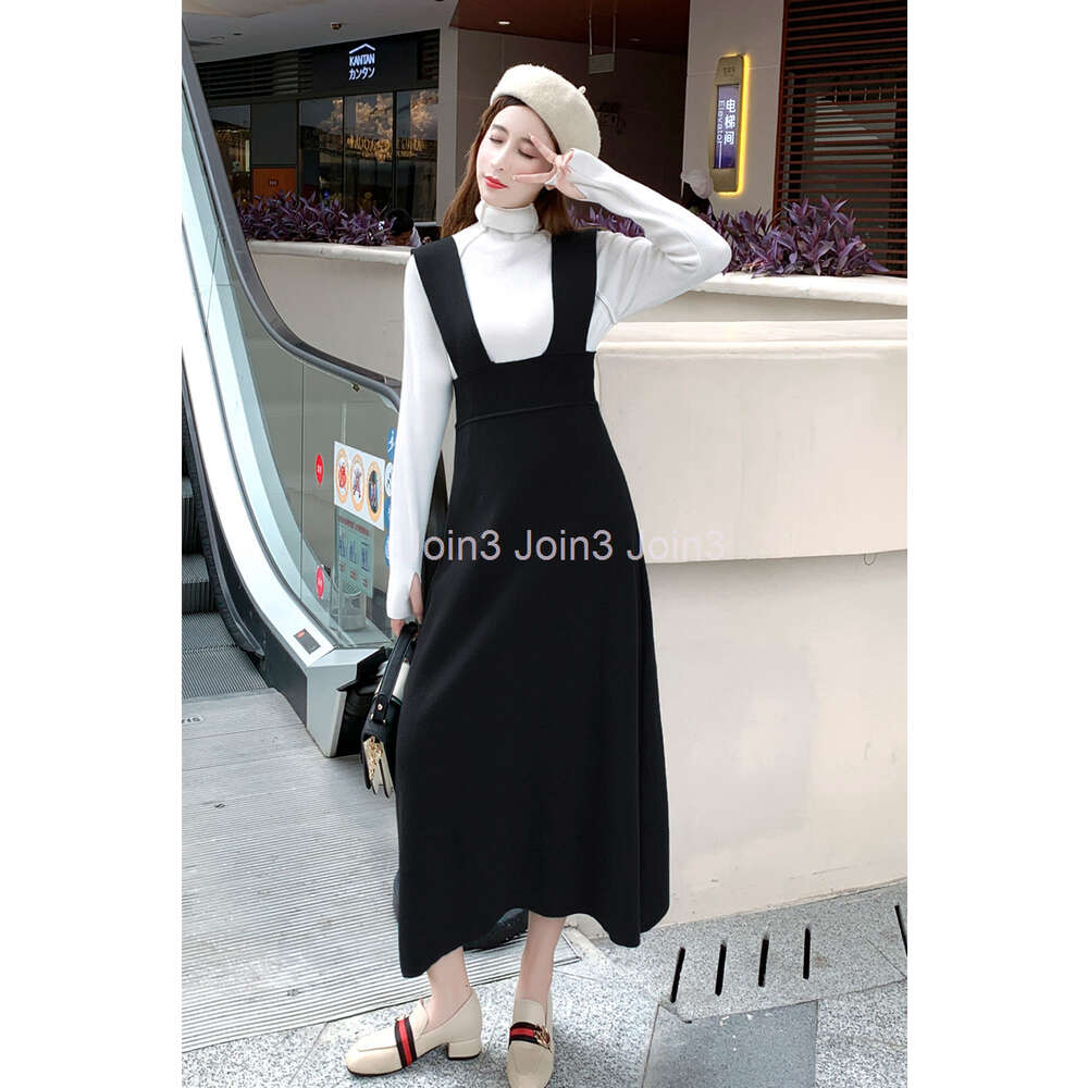 Womens turtleneck sweater and knitted spaghetti strap suspender a-line midi long dress