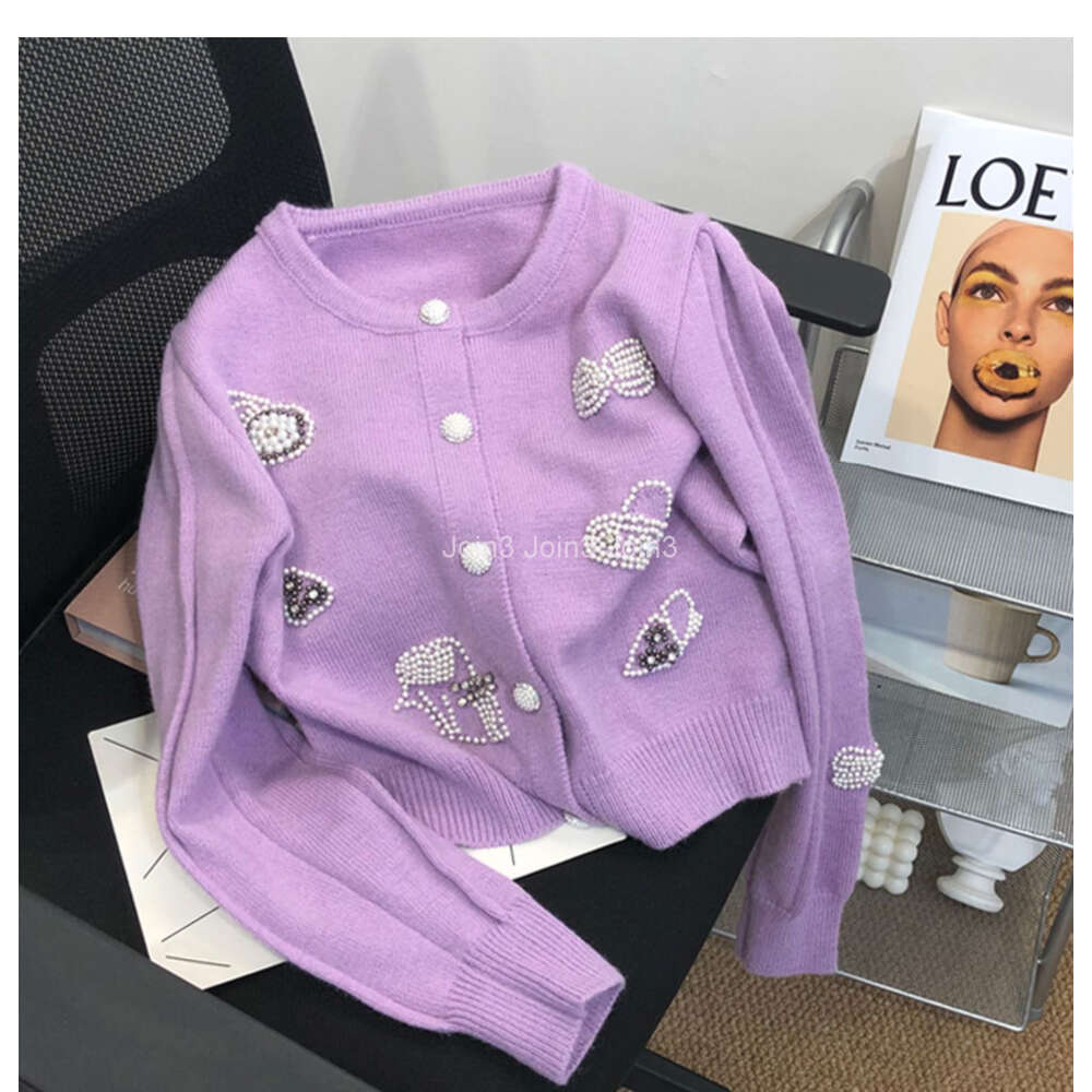 Womens o-neck beading rhinestone bow patched knitted sweater cardigan single breated coat