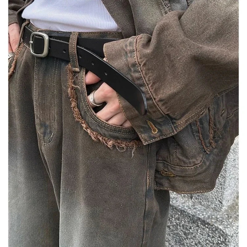 Autumn Twopiece Set Man Retro Wash High Street Tassels Varsity Denim JacketsStraight Wide Leg Jeans Sets Male Harajuku Suit 240428