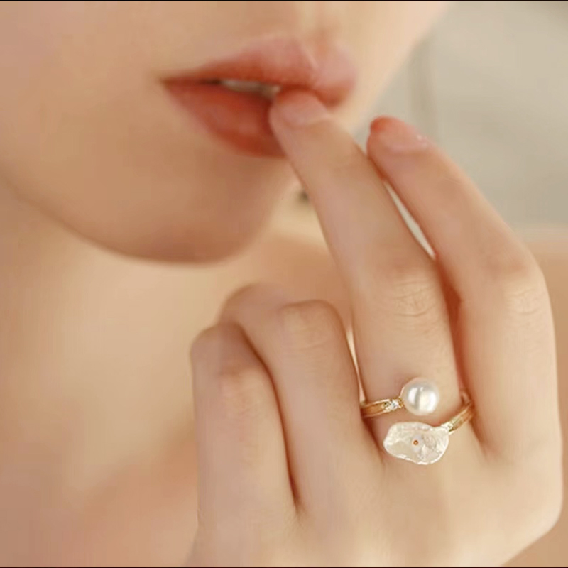 baroque Pearl Ring Temperament Light Luxury Square Open Ring Sterling Silver Ring for Women