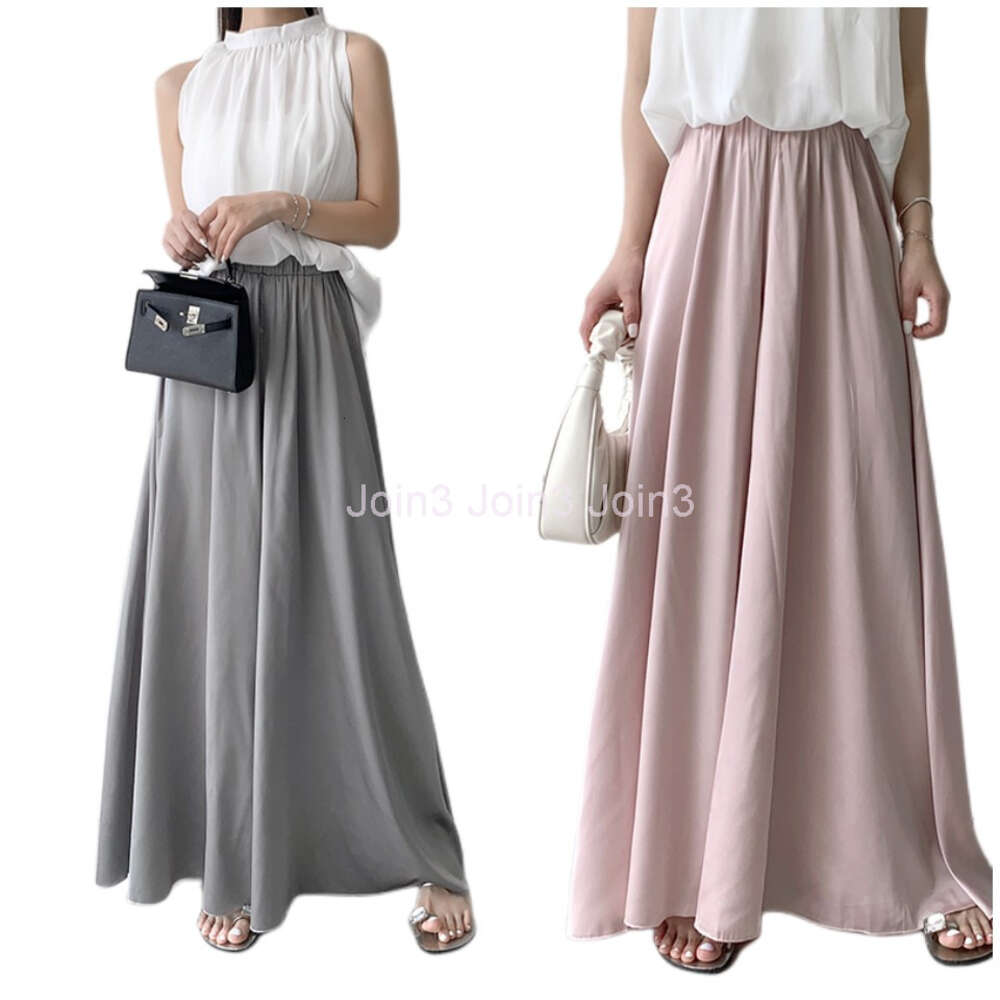 Womens elastic waist loose long pants wide leg satin fabric palazzo summer trousers SMLXL