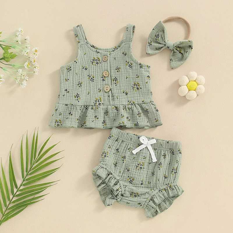 Clothing Sets 0-24months Baby Girl Summer Clothes Set Floral Print Tank Tops Frill Trim Shorts + Headband Toddler Girls 3Piece Outfits