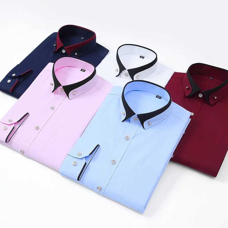 Men's Dress Shirts New Mens Contrast Collar Stretch Long Slve Shirt Business Casual Comfortable Non-Iron Shirt Slim Fit Youth Solid Color Y240514