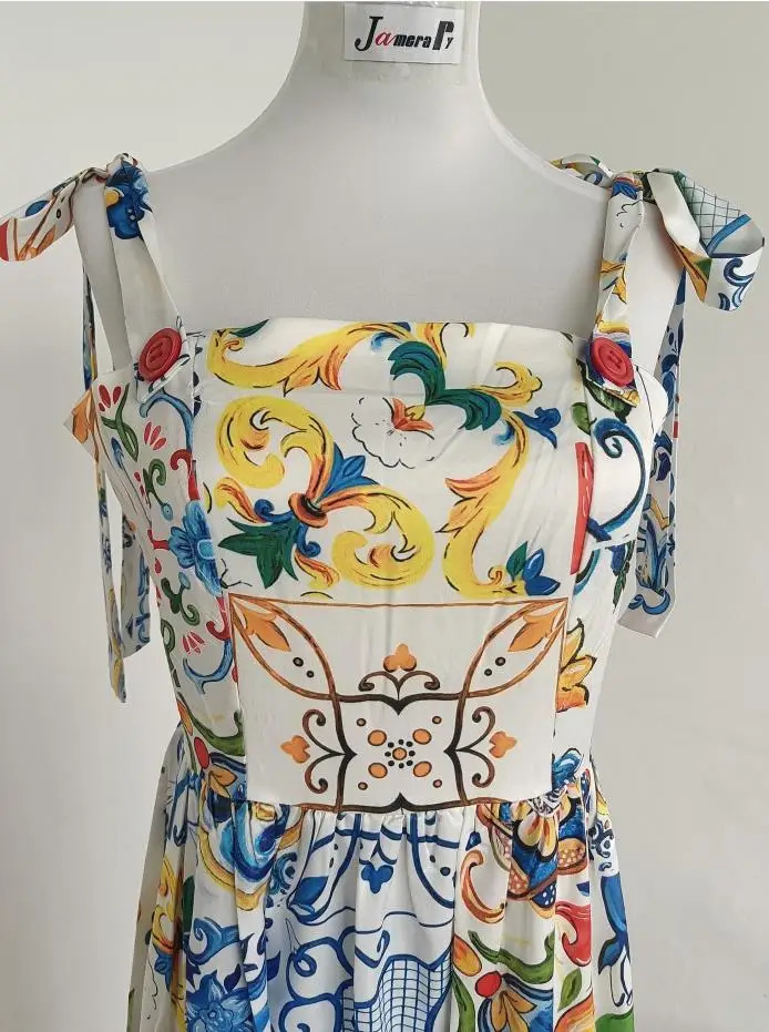 Runway Flower sexy Dress Summer Womens Bow Spaghetti Strap Sundress Blue And White Porcelain Floral Long 240514