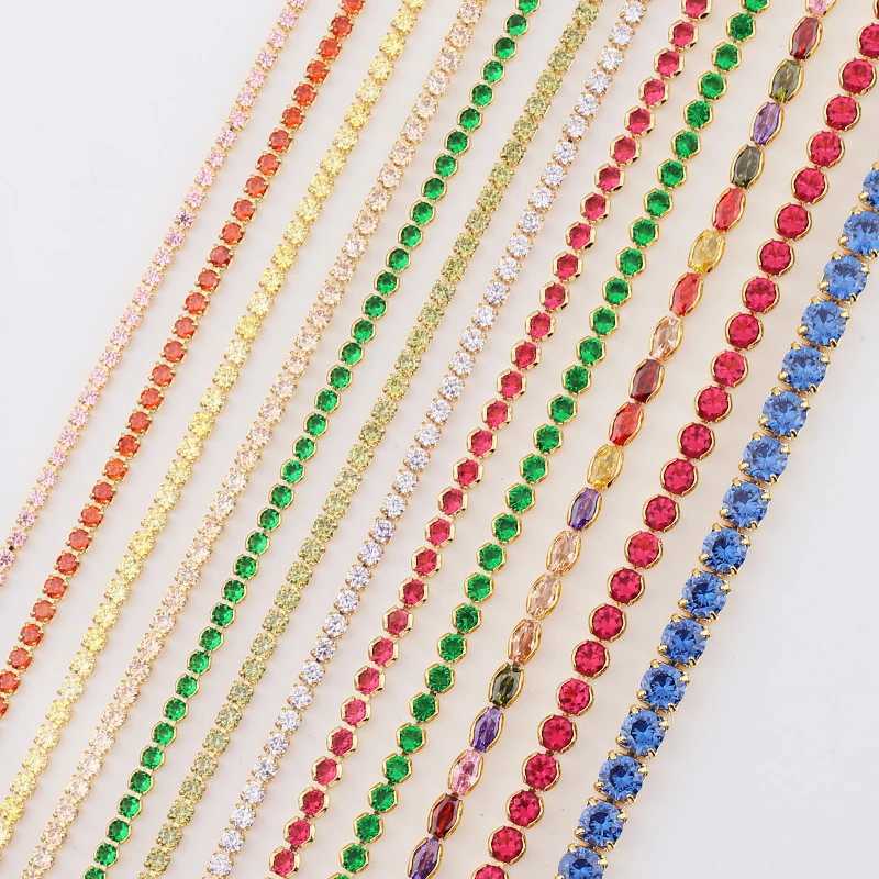 Tennis New Gold 1 Row Shining Colorful Neon Rainbow Ice Zircon Charm Thin CZ Tennis Chain 33+7CM Fashion Womens Necklace d240514