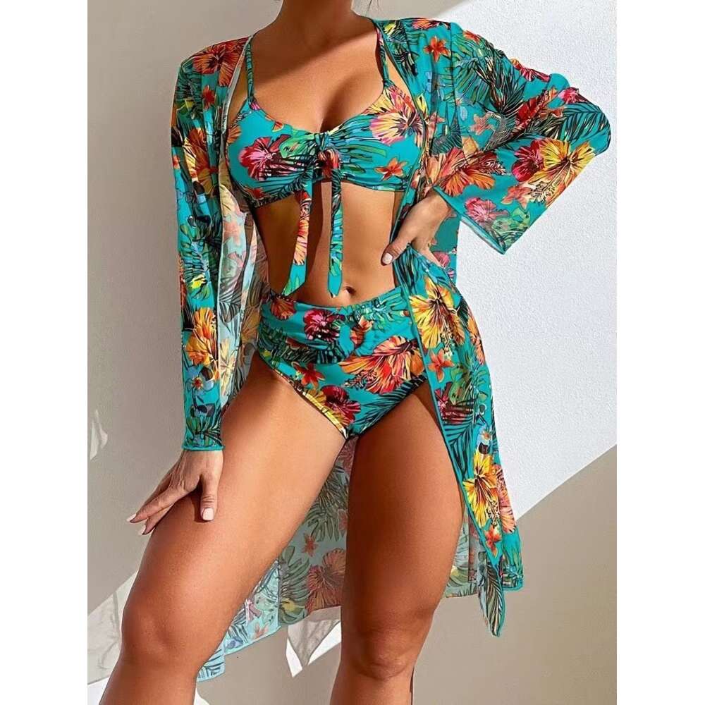 ddmytiger New Sexy Long sleeved Mesh Mask Shirt Split Printed Bikini Swimsuit H