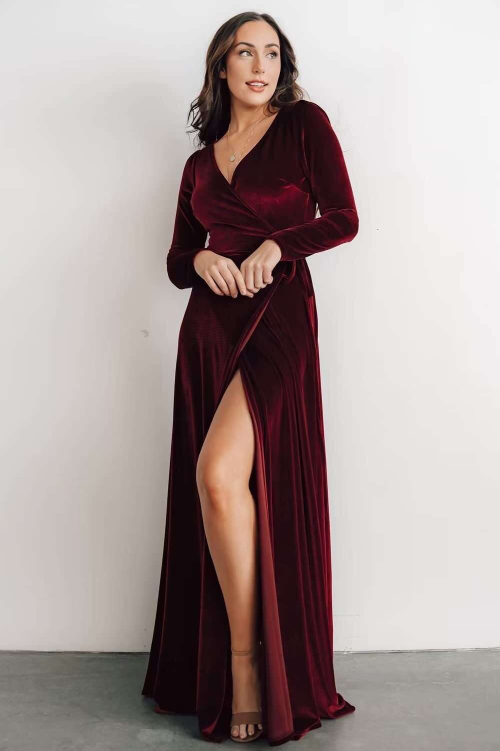 MARSEN Long Sleeve Veet Formal Wrap Evening Gowns Women V Neck Bridesmaid Dresses for prom prom AMZ