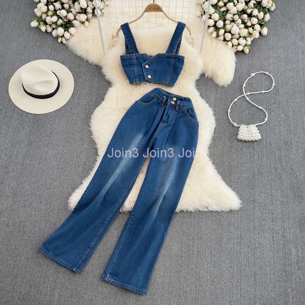 New design womens short spaghetti strap denim jeans bustier vest and wide leg long pants 2 pcs twinset SML