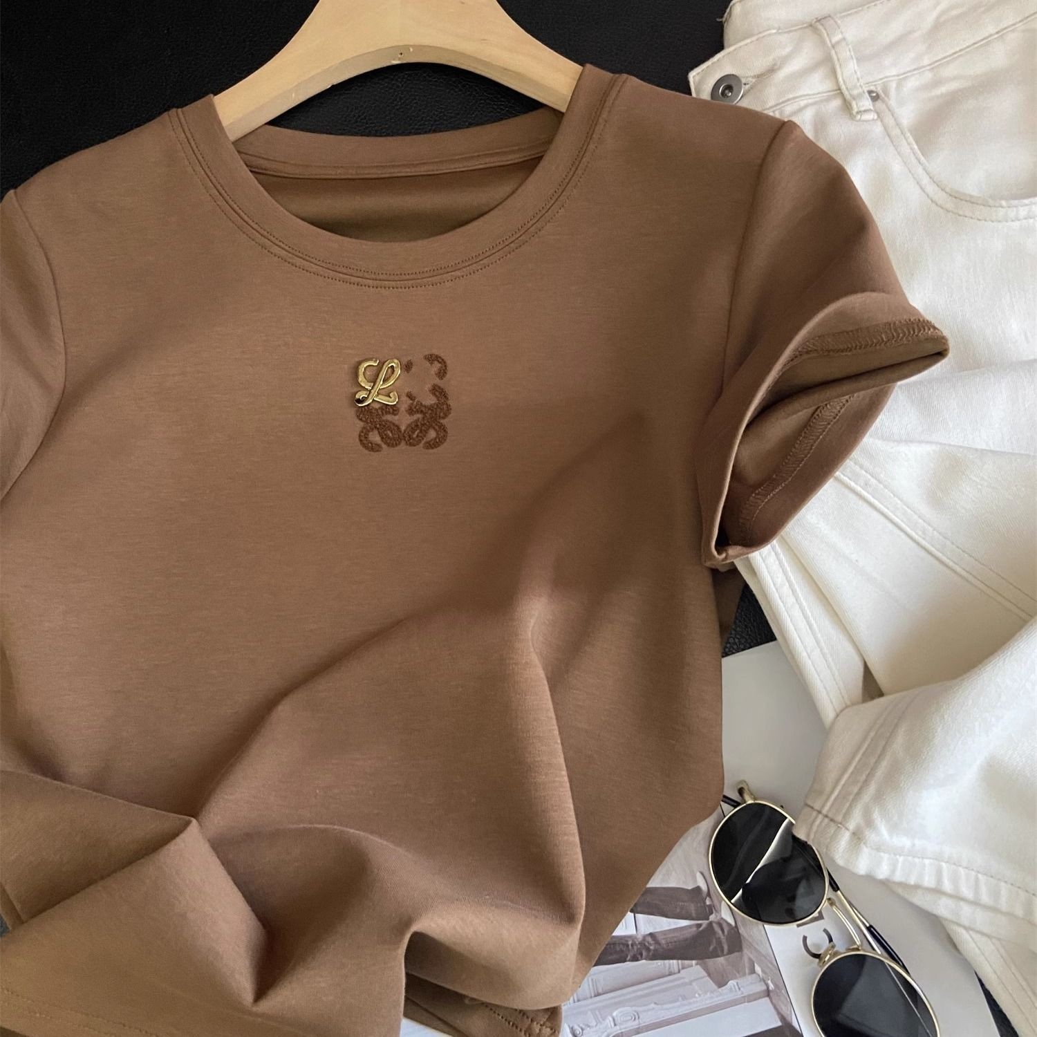 New women's summer logo embroidered short-sleeved cotton designer T-shirt MLXLXXL