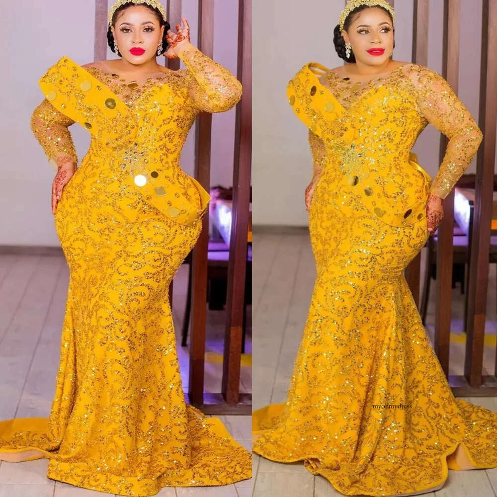 Arabic Aso Ebi Mermaid Yellow Prom Dresses 2024 Beaded Crystals Evening Formal Party Second Reception Birthday Engagement Gowns Dress 0514