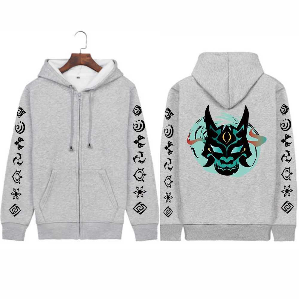 Men's Hoodies Sweatshirts Genshin Impact Xiao Mask Fangs Anime Print Zipper Hoodies Men Women Harajuku Fashion Long Slve Plus Size Zipper Jacket 