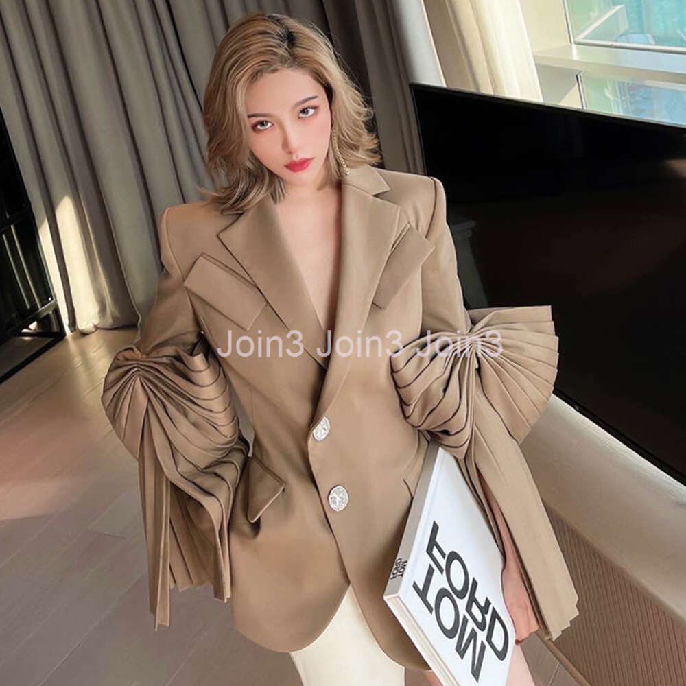 Spring New design womens fashion turn down collar khaki color 3D bow patchwork vent jag sleeve medium long blazer suit coat SML