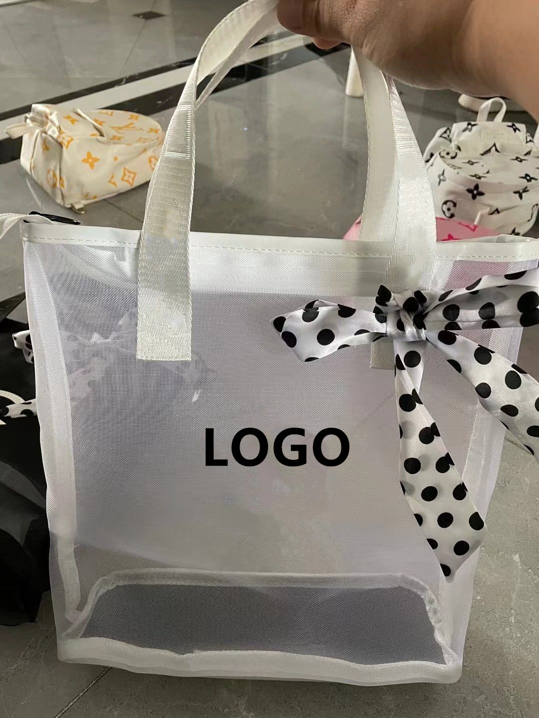 Designer Black White Mesh Shoulder Bag women fashion Shopping Bag Classic Letter Logo Transparent Wash Bag Ribbon decoration Beach Portable Environmental Bag