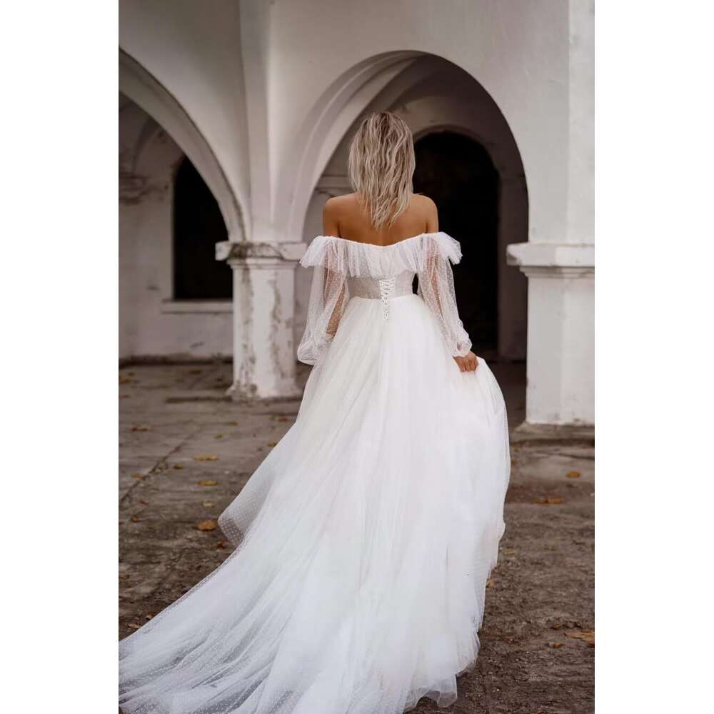 Off Shoulder Puffy Sleeve Ball Gown Tulle Prom Ruffle prom Dresses for Bride prom AMZ