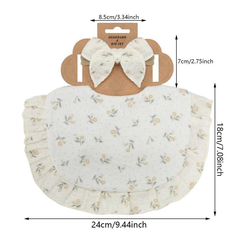 Bibs Burp Cloths 2Pcs/Set Ruffled Edge Muslin Cotton Baby Bibs Hair Bows Girls Headbands Flower Print Saliva Towel Feeding Burp Cloths ScarfL4812