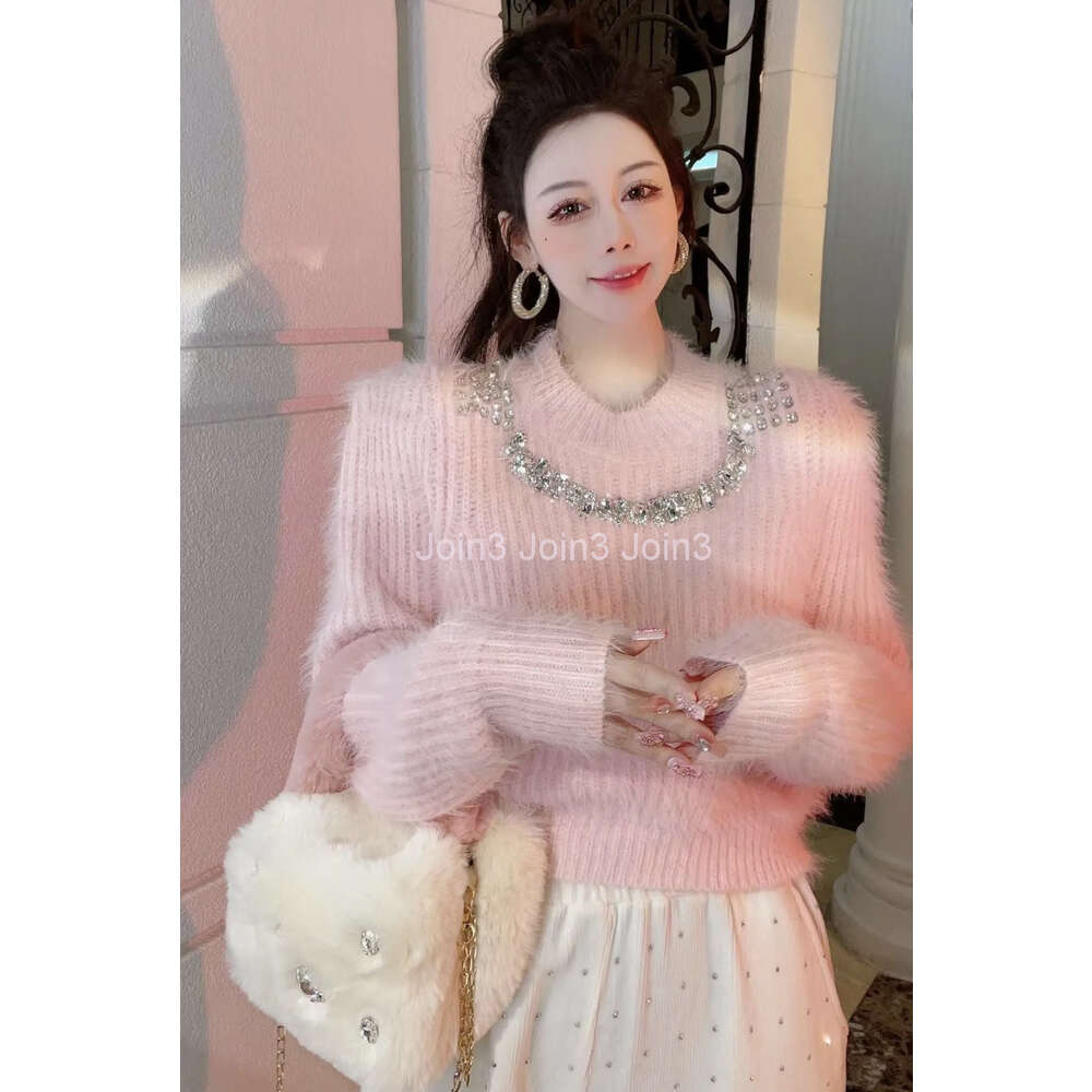 Autumn winter new womens o-neck luxury design rhinestone patchwork thickening warm short mohair wool knitted sweater jumper