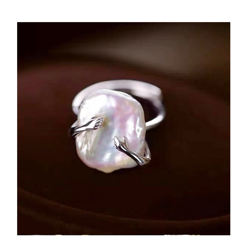baroque Pearl Ring Temperament Light Luxury Square Open Ring Sterling Silver Ring for Women